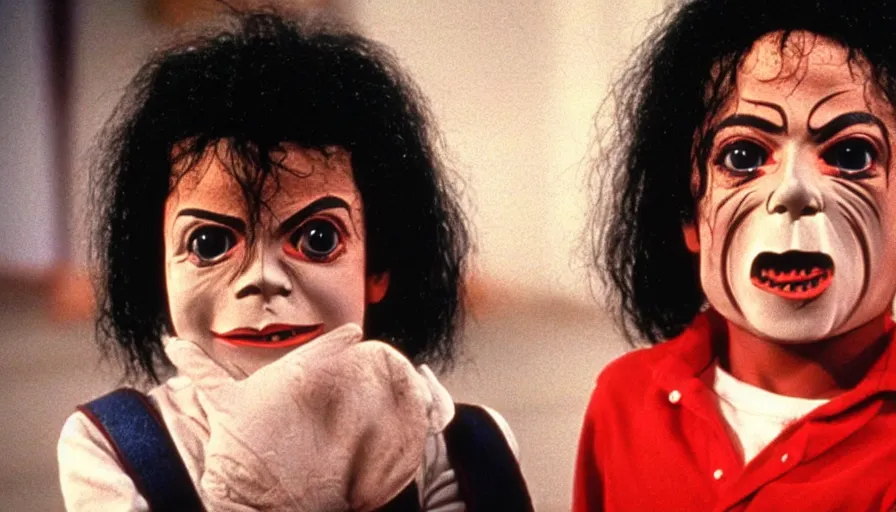 Image similar to a 1 9 8 0's horror movie where a little kid wears a michael jackson halloween mask