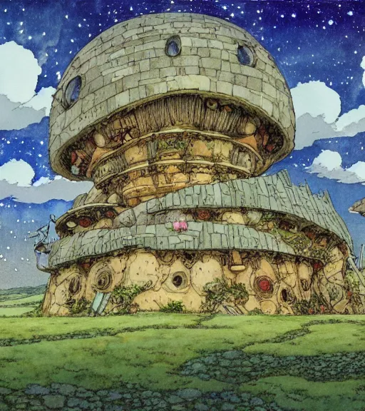 Image similar to hyperrealist studio ghibli watercolor fantasy concept art of an immense earthship solar home from howl's moving castle sitting on stonehenge like a stool. it is a misty starry night. by rebecca guay, michael kaluta, charles vess