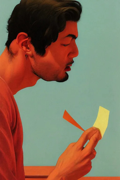 Image similar to a closeup portrait of a young spanish man licking a blotter paper of LSD acid on his tongue and dreaming psychedelic hallucinations, by kawase hasui, moebius, Edward Hopper and James Gilleard, Zdzislaw Beksinski, Steven Outram colorful flat surreal design, hd, 8k, artstation