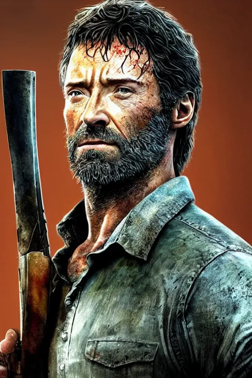 Prompt: realistic photo of Hugh Jackman as Joel in The Last of Us, highly detailed portrait,