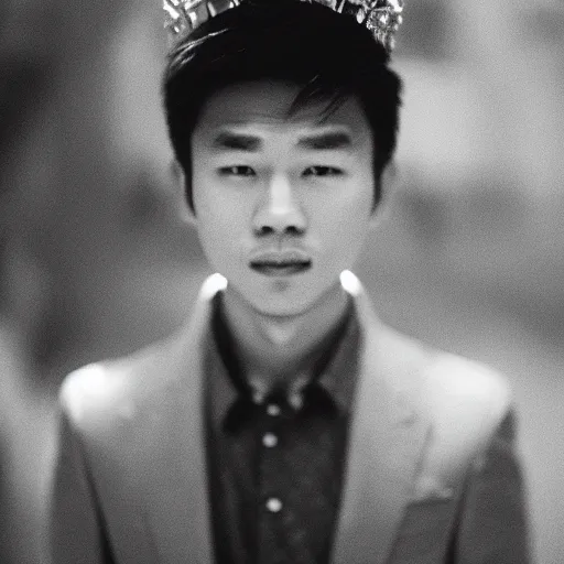 Image similar to Portrait of a handsome asian young man wearing a crown and jewelry, fashion, cinematic lighting, captured in low light, sharp focus, detailed, cinestill 800t