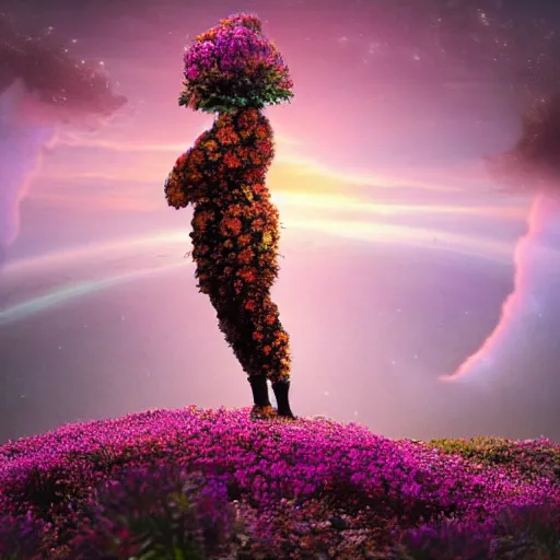 Image similar to A picture of a planet of various flowers, fungus and plants, in which the human figure is dressed in something magical and impressive, inside the picture is infinity, sunset light, Atmospheric phenomenon, artistic photography, muted colors, conceptual