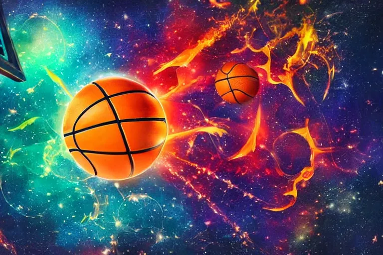 Image similar to street art basketball players vivid colors, sketchers, nebula and fire background hd high details