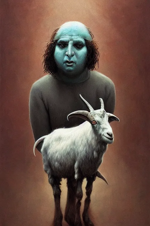 Image similar to painting of hybrid between human andy milonakis and a goat, by zdzislaw beksinski, by tiffany bozic, cold hue's, warm tone gradient background, concept art, beautiful composition, digital painting