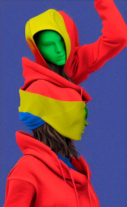 Image similar to red blue hoodie, with model, flex position, yellow and green, trendsetter, fiction, stability, intricate, elegant, 8 k, uhd, justify, artstation, concept art, matte, sharp focus, illustration, consistent, highly detailed object content, proportional object content