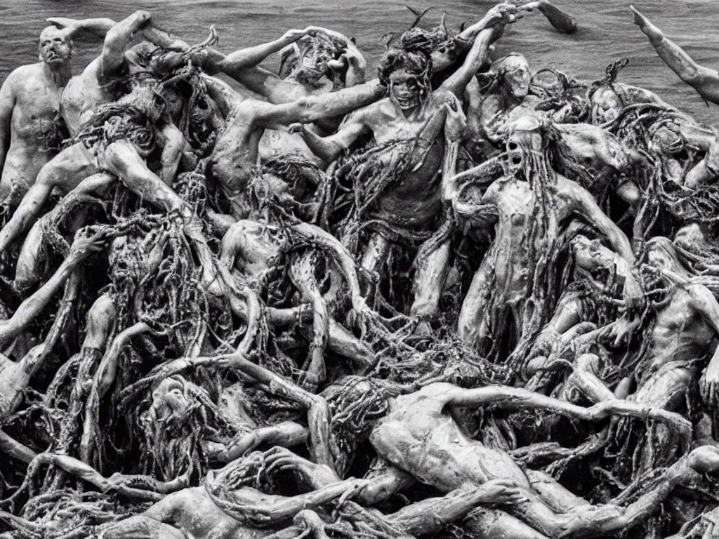 Prompt: the raft of the medusa as a body horror film, fleshy, Cronenberg, Rick Baker, dramatic film still, daylight, photo real, extremely detailed, wet, slimy, wide angle, 28mm, Eastman EXR 50D 5245/7245