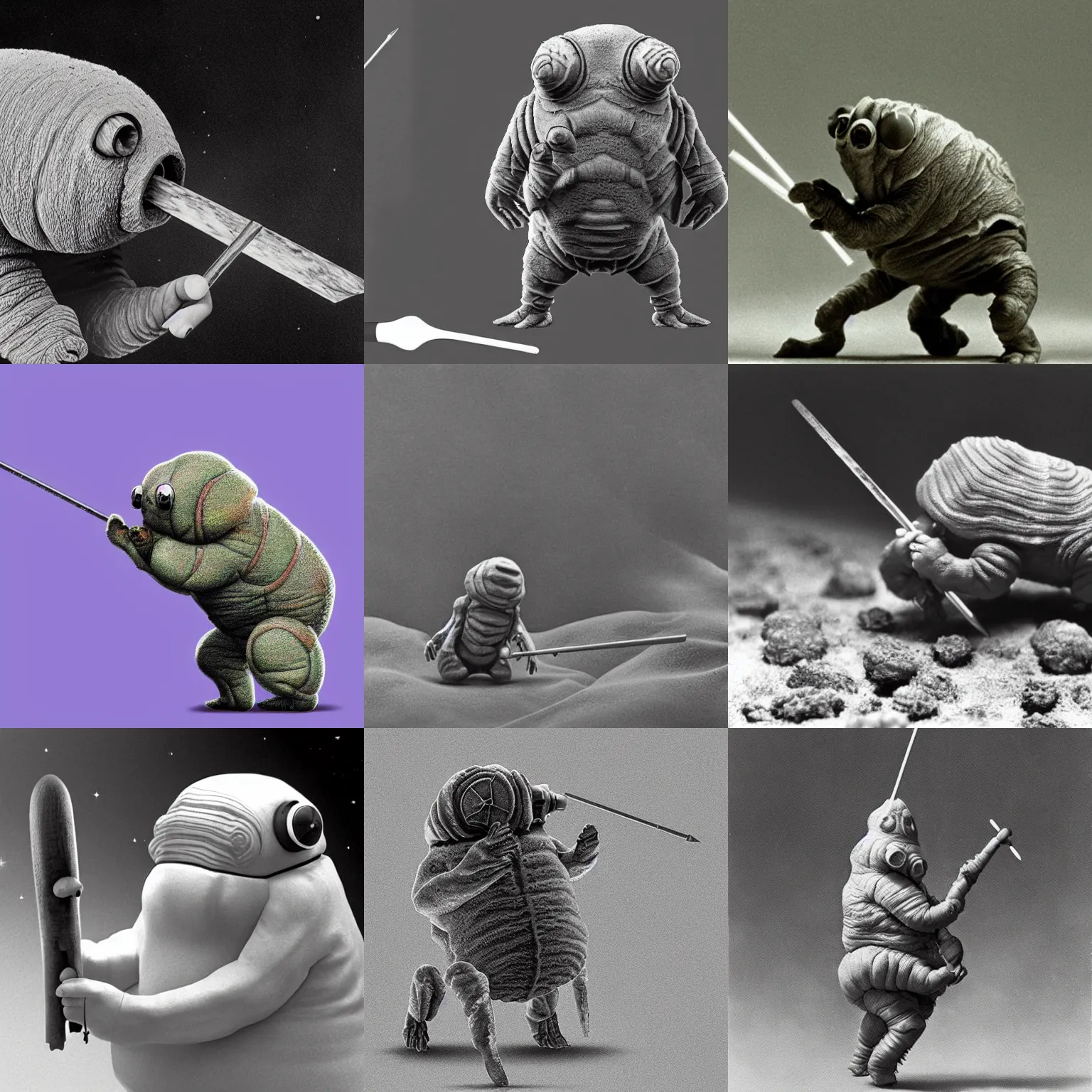 Image similar to Tardigrade holding a spear seen with an electron microscope,