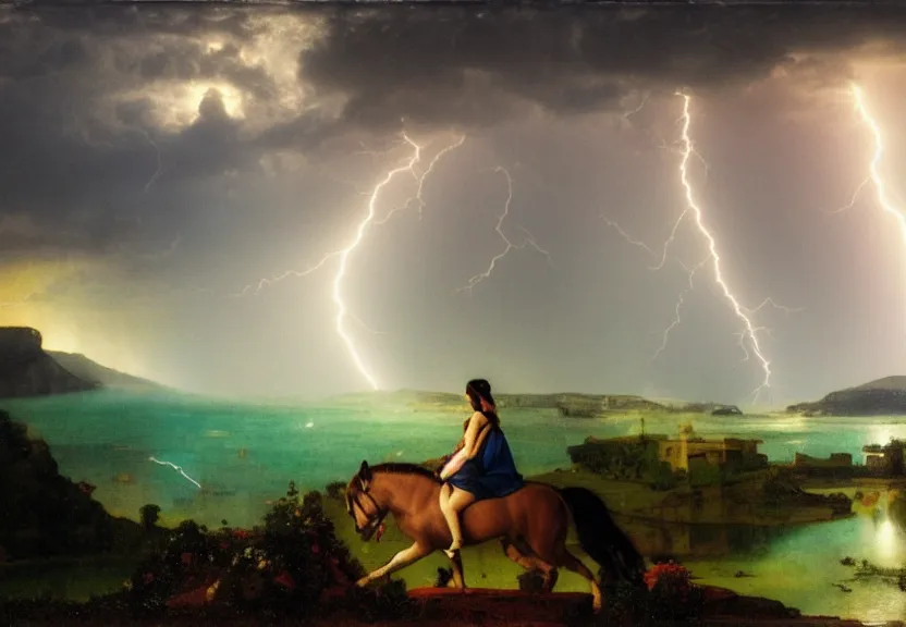 Image similar to Girl riding the horse on the palace bridge, refracted sparkles, thunderstorm, greek pool, beach and Tropical vegetation on the background major arcana sky, by paul delaroche, hyperrealistic 4k uhd, award-winning, very very very detailed