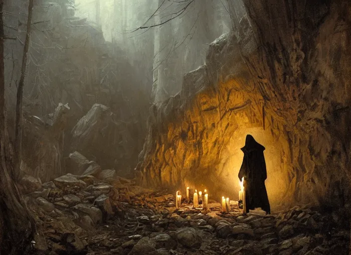 Image similar to A hooded dark figure approaches an abandoned mine in a cave lit by candles, Ivan Shishkin and Greg Rutkowski