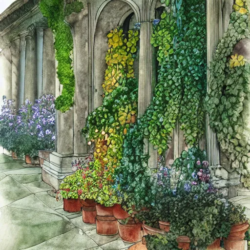 Image similar to delicate garden on paper floating puffy vines botanical herbarium botanic watercolors iridescent 8 k wide angle realistic artstation italian rainbow colonnade oak pine liberty architecture pompeii