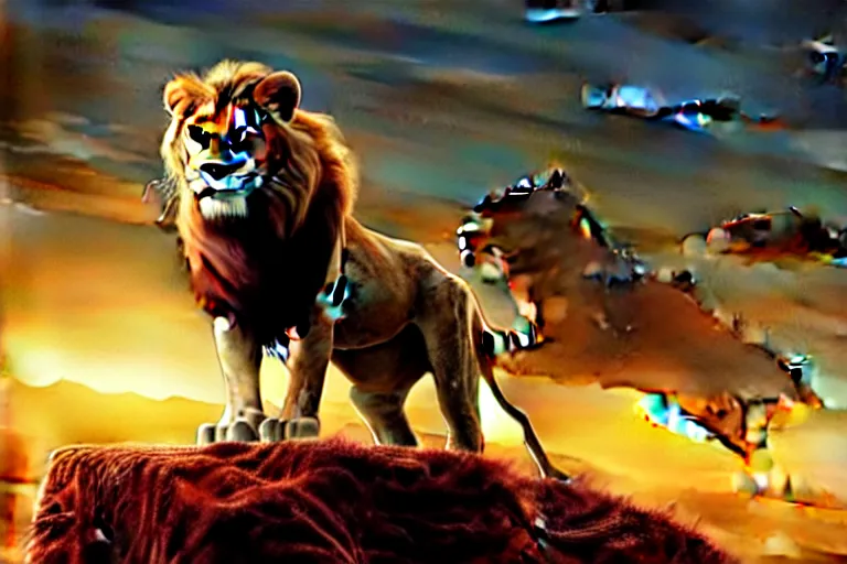 Image similar to scar ( from the lion king ), heavily armed and armored facing down armageddon in a dark and gritty reboot from the makers of mad max : fury road : witness me