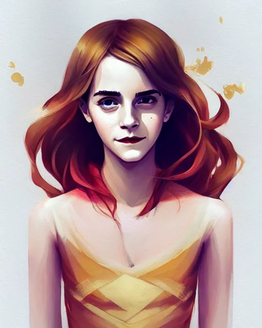 Image similar to a portrait of a beautiful full body Emma Watson smiling, pretty gold and red dress, art by lois van baarle and loish and ross tran and rossdraws and sam yang and samdoesarts and artgerm, digital art, highly detailed, intricate, sharp focus, Trending on Artstation HQ, deviantart, unreal engine 5, 4K UHD image