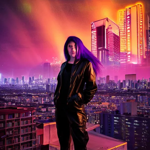 Image similar to digital photography of cyberpunk girl standing on a rooftop, short purple hair with undercut, realistic body shape, wearing long leather trenchcoat and black cargo pants. night time, neon cityscape background, flying blimp with searchlights shining in the distance. 8 k high resolution