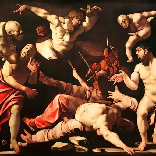 Image similar to the end of man painting with 2 1 savage in the middle apocalypse by caravaggio