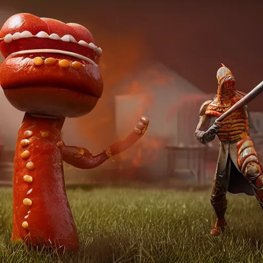 Image similar to a warrior fighting a giant hotdog demon that spits mustard. eldenring boss, zbrush, arnold render, unrealengine 5, dark souls, horror, extremely detailed