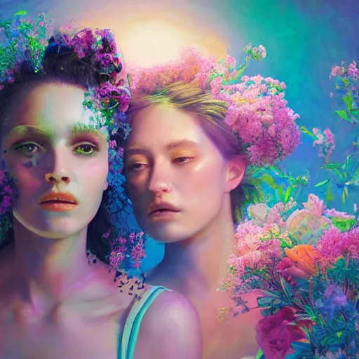 Image similar to portrait of the two most beautiful women surrounded by soft florals, vaporwave lighting, dewy skin, concept art, high detail, beautiful, dreamy