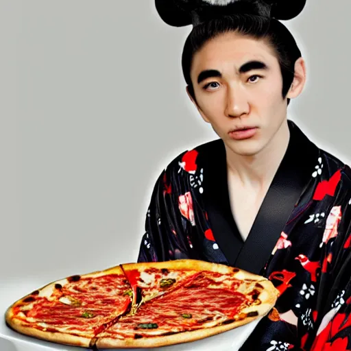 Image similar to hades in kimono eating pizza