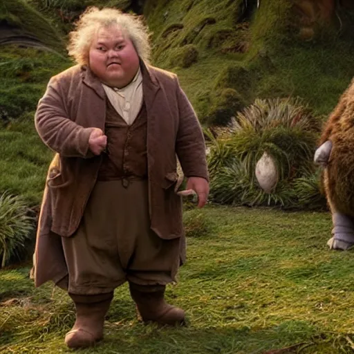 Prompt: Bartook a twenty-something hobbit with short curly dark brown hair who is slightly overweight standing next to a giant rabbit, high resolution film still, movie by Peter Jackson