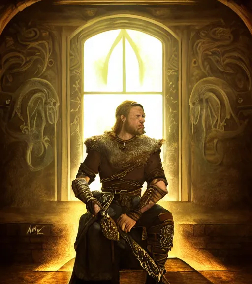 Image similar to the elder scrolls vi majestic gracious jarl portrait, painted, indoors, dark room, one point of light coming through the window, atmospheric lighting, painted, intricate, volumetric lighting, beautiful, golden hour, sharp focus, ultra detailed, by mark kent, jordan lamarre - wan, igor kieryluk, maxim verehin, miranda meeks