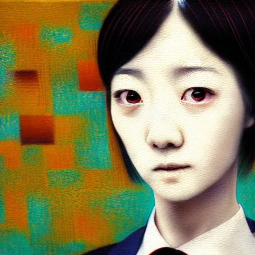 Image similar to yoshitaka amano blurred and dreamy realistic three quarter angle portrait of a young woman with short hair and black eyes wearing office suit with tie, junji ito abstract patterns in the background, satoshi kon anime, noisy film grain effect, highly detailed, renaissance oil painting, weird portrait angle, blurred lost edges