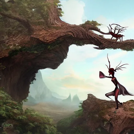 Prompt: A detailed matte painting of an elven woman with a giant ant standing behind her