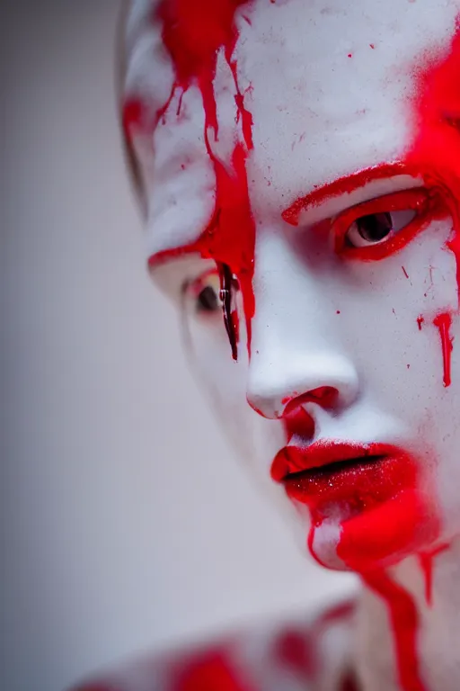 Prompt: dripping red paint across a white marble sculpture of a cyberpunk woman, realistic, dslr photograph