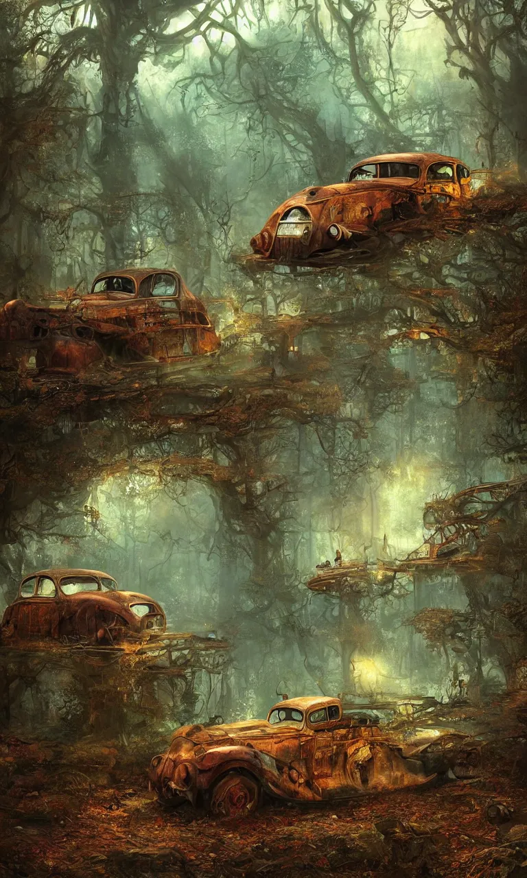 Image similar to a beautiful painting of an old rusted dieselpunk car in an enchanted forest, by heinrich schlitt, marc simonetti and john howe, artstation. fairies. early evening. volumetric lighting