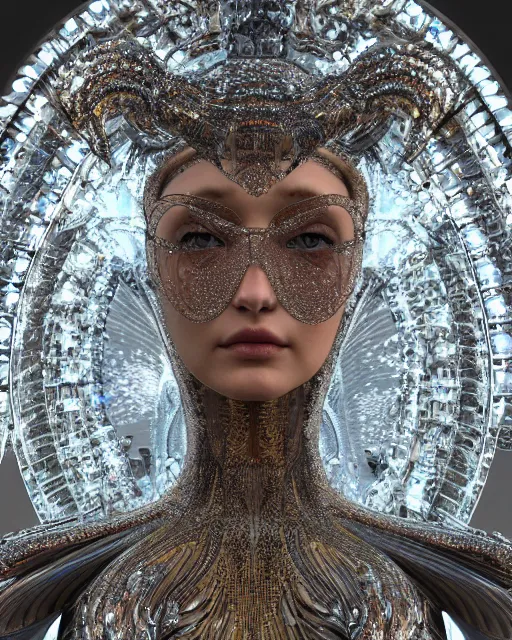 Image similar to a highly detailed metahuman 4 k close up render of an alien goddess bella hadid monument flying in iris van herpen dress schiaparelli in diamonds crystals swarovski and jewelry iridescent in style of alphonse mucha gustav klimt trending on artstation made in unreal engine 4