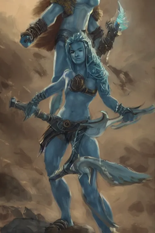 Image similar to a small blue-skinned triton girl wearing scale armor riding on a the shoulders of a large male goliath wearing fur and leather armor, dnd concept art, painting by ross tran and Tyler Jacobson