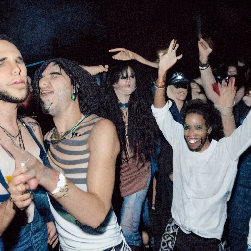 Prompt: a photo of lneny kravitz dancing in a rave party