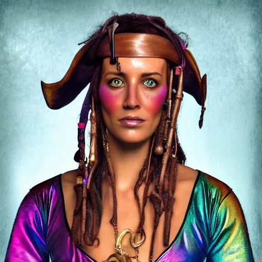 Image similar to professional portrait of a pirate with her skin painted iridescent colors. She is Swashbuckling. Digital art. 8k