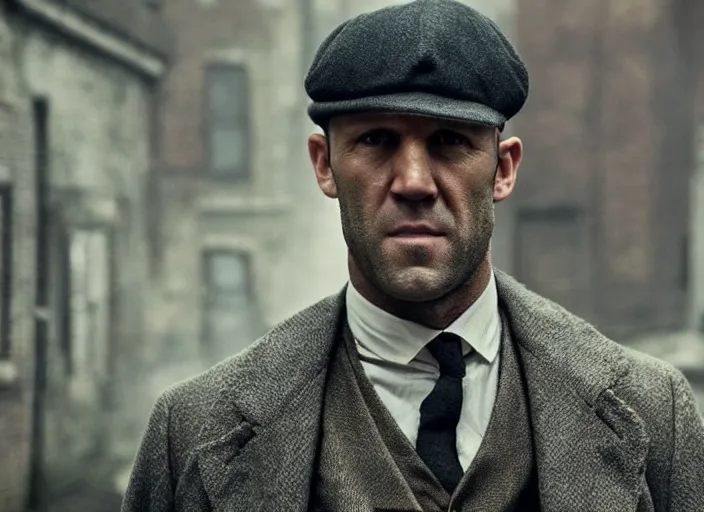 Prompt: film still of !!!!Jason Statham!!! as Thomas Shelby in Peaky Blinders, 4k