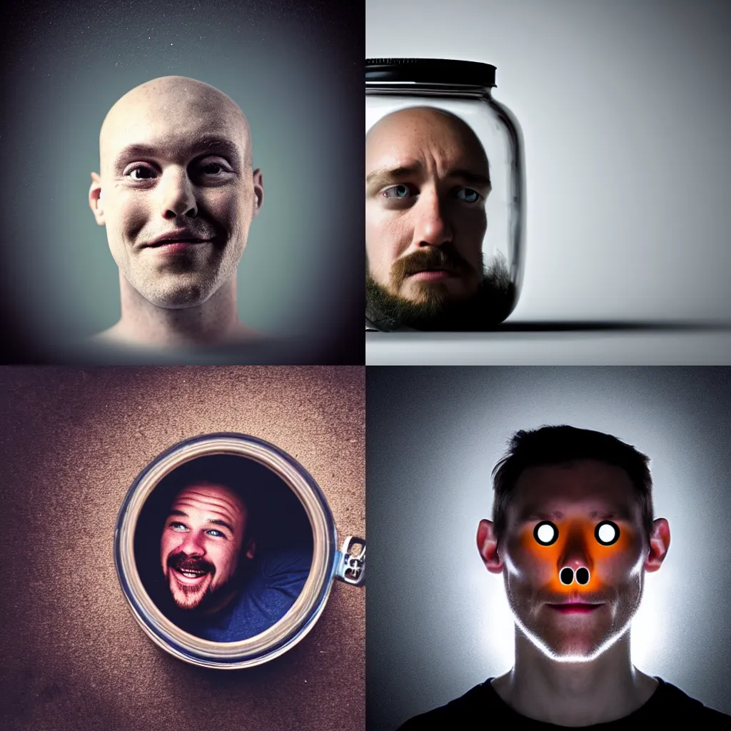 Prompt: A man\'s head floating inside of a jar, horror, professional photo.