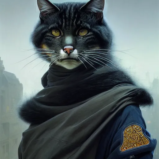 Prompt: portrait painting of a friendly tabaxi police officer with black and white fur, ultra realistic, concept art, intricate details, eerie, highly detailed, photorealistic, octane render, 8 k, unreal engine. art by artgerm and greg rutkowski and magali villeneuve and alphonse mucha