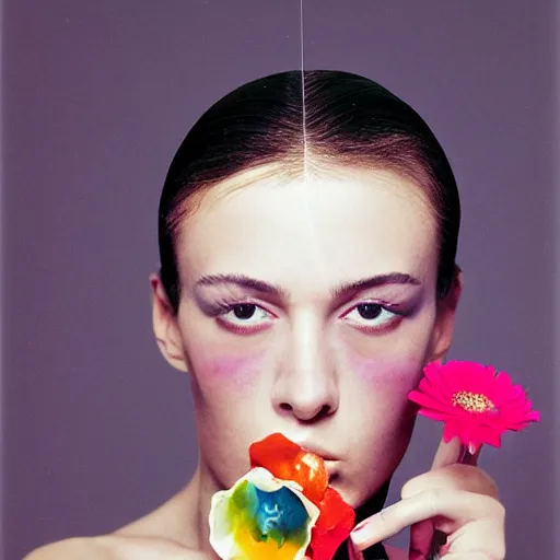 Image similar to a studio close - up portrait of a a fashion model smelling a plastic toy flower. surreal photograph, lo - fi, polished look, silly and serious, hermes ad, fashion photography, toiletpaper magazine by pierpaolo ferrari and maurizio cattelan, 3 5 mm photograph, colourful, by pierpaolo ferrari, maurizio cattelan, david lachapelle