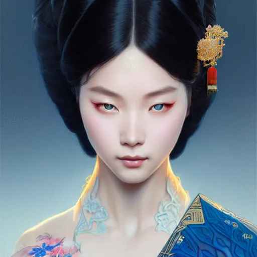 Image similar to ‘elegant Chinese princess, D&D, blue eyes, black hair, fantasy, intricate, elegant, highly detailed, digital painting, artstation, concept art, smooth, sharp focus, illustration, art by artgerm and greg rutkowski and alphonse mucha’