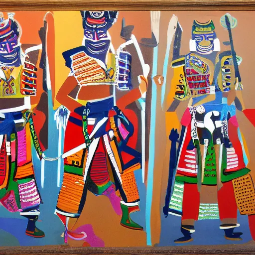 Image similar to Mural painting from a culture inspired by cowboys, Tuaregs and samurais