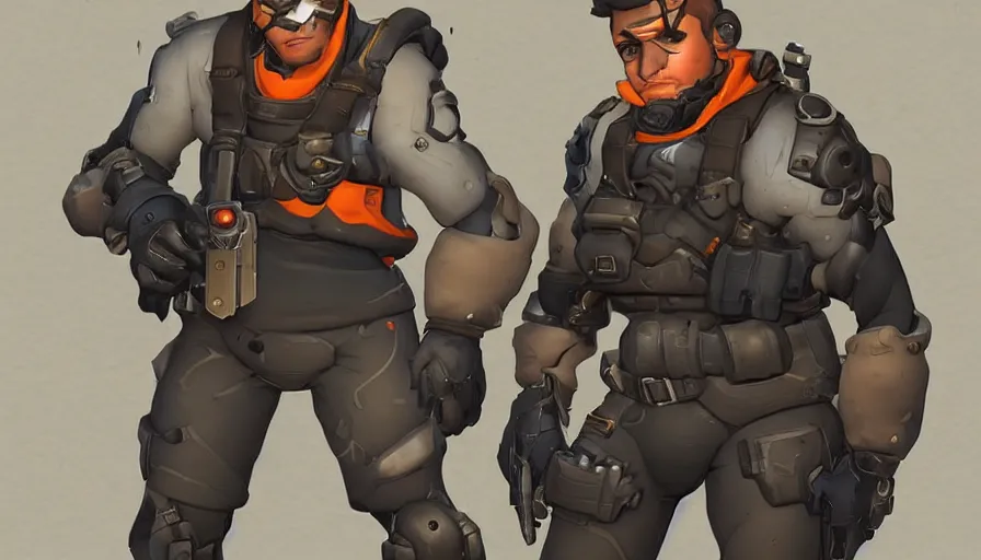 Image similar to Concept art for new Overwatch character: The Saboteur, French Special Ops, Short, Nimble, Sly, Silenced Five-Seven Main Weapon, Uses Explosives, Planted Charge, C4 Explosive, Roguish, and Hand Grenades, Dark Humor, Male, Rugged, Dagger, High-tech, Fast, Black and Orange