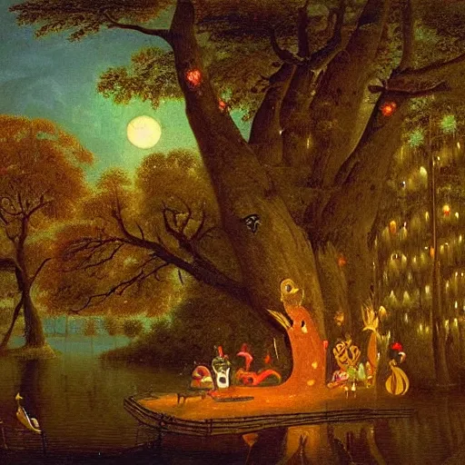 Prompt: a night carnival around a magical tree cavity, with a surreal orange moonlight and fireworks in the background, next to a lake with iridiscent water, christmas lights, folklore animals and people disguised as fantastic creatures sitting on sofas and couch in a magical forest by summer night, masterpiece painted by jean - baptiste perronneau, dark night environment