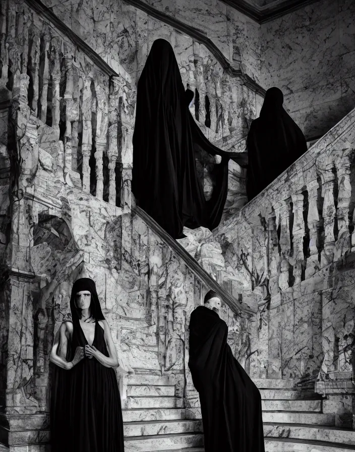 Image similar to several ritualistic figures shrouded in a long trailing dark black opaque gown, descending in tandem down a giant marble staircase in a dark room, photorealism, hyperrealism, harsh lighting, dramatic lighting, medium shot, serious, gloomy, foreboding, cinematic, creepy