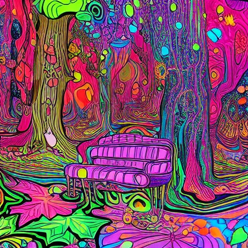 Image similar to psychedelic trippy cartoon couch in the deep dark forest