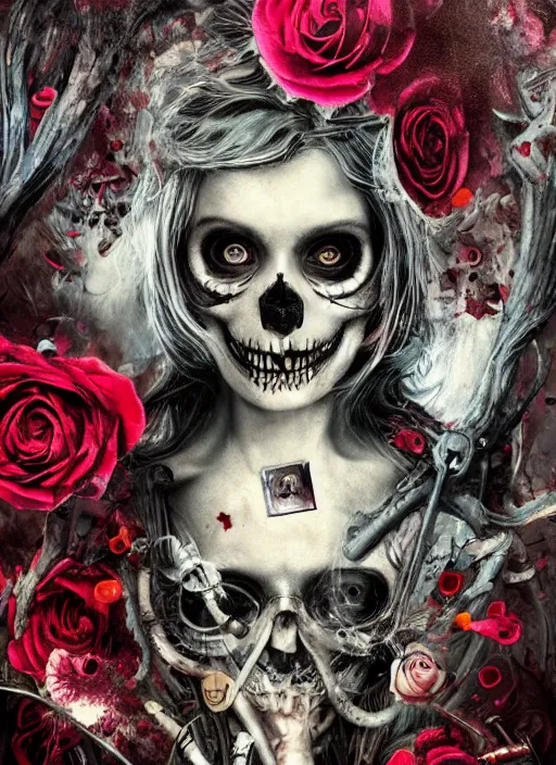 Image similar to Alice in Wonderland,roses, bullets, guns,death tarot card,highly detailed,half skull face,cinematic,8k,by Stanley Artgermm,Tom Bagshaw,Greg Rutkowski,Carne Griffiths, Ayami Kojima, Beksinski, Giger,trending on DeviantArt,hyper detailed,horror, full of colour