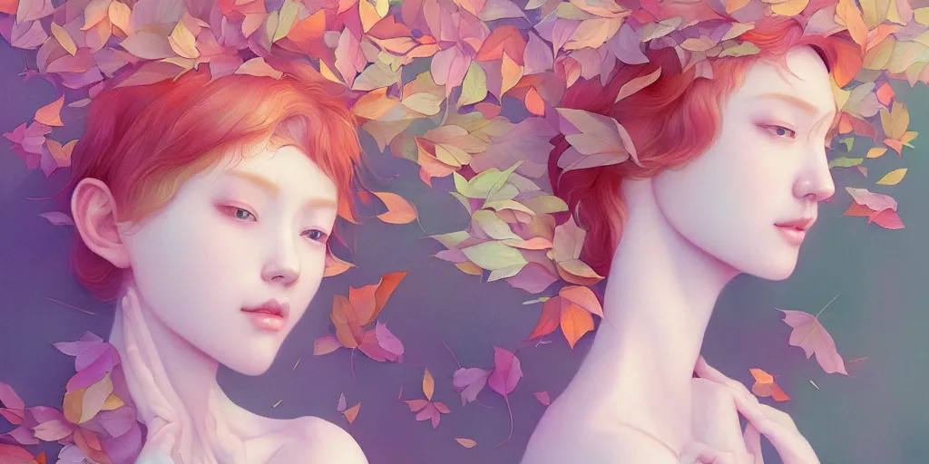 Image similar to highly detailed pastel colors of an ethereal ginger beauty morphing gradually into autumn leaves, by artgerm and hsiao - ron cheng, smooth composition, fine patterns and detail