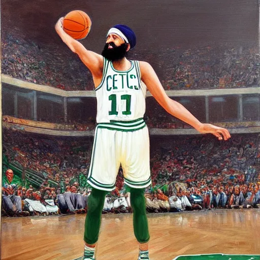 Prompt: facial portrait of osama bin laden shooting free throws, boston celtics, oil on canvas by william sidney mount