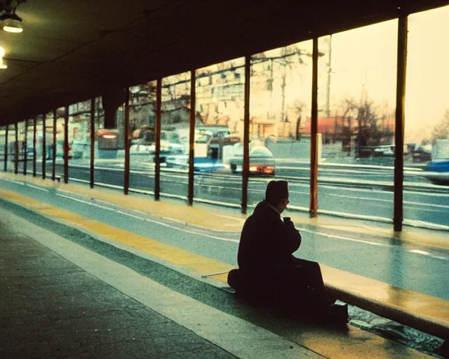 Image similar to a lomographic photo of russian lone man sitting in bus station at early evening in small town, cinestill, bokeh, out of focus