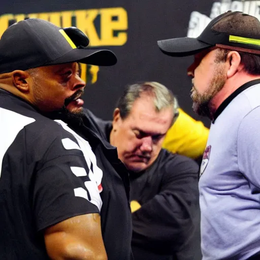 Prompt: Coach Belichick fighting coach Tomlin in a mixed martial arts championship match