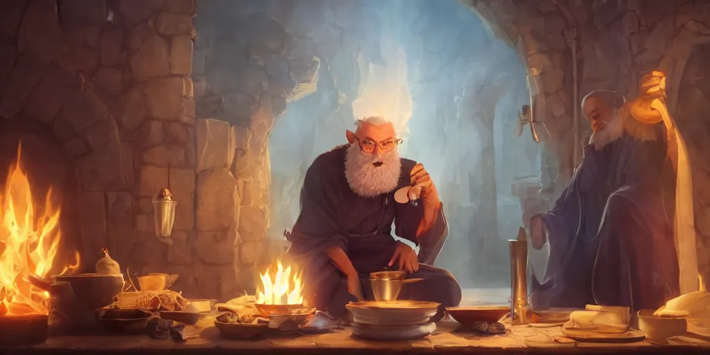 Prompt: a wholesome animation key shot of oldv bearded wizard coocking the magical brew that emmits sparklings in pot at fireplace, medium shot, rendered in unreal engine 5, anime key art by greg rutkowski, bloom, dramatic lighting