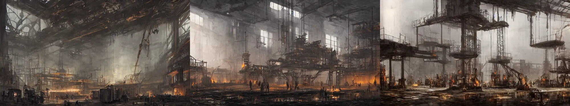 Prompt: interior of steel foundry with cranes and engineers, papyrus, watercolored, jakub rozalski, dark colours, dieselpunk, concept art, trending on artstation