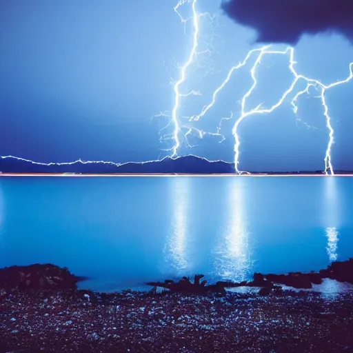 Image similar to A Body Of water, electric blue, electricity, darkness, evening, flash photography, Geological Phenomenon in the distance