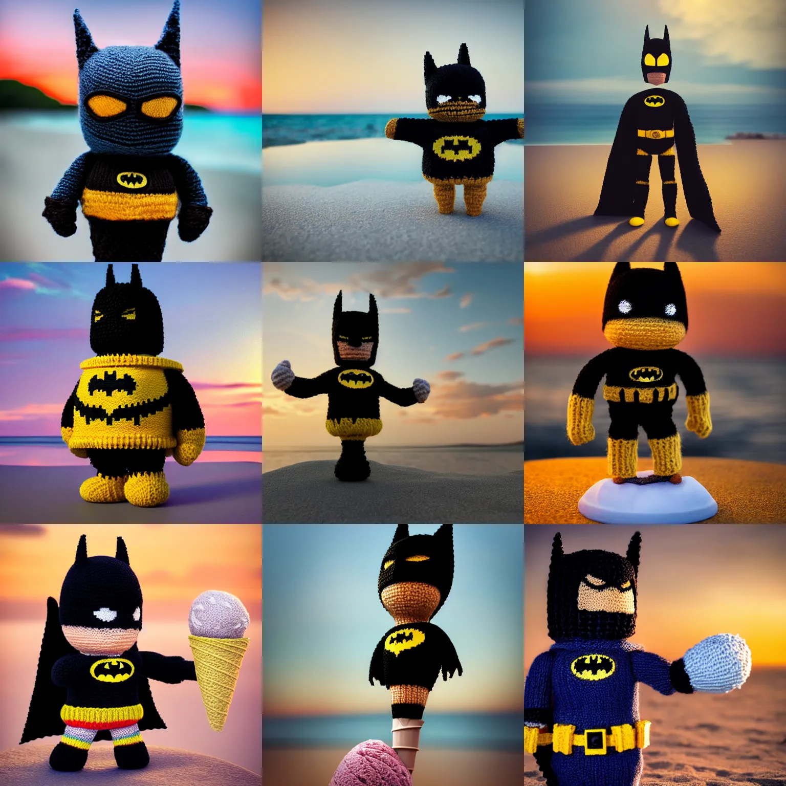 Prompt: a knitted batman holding a delicious ice cream cone during sunset at the beach Trending on artstation, featured on Behance, well-rendered, Unreal Engine, 4K HD